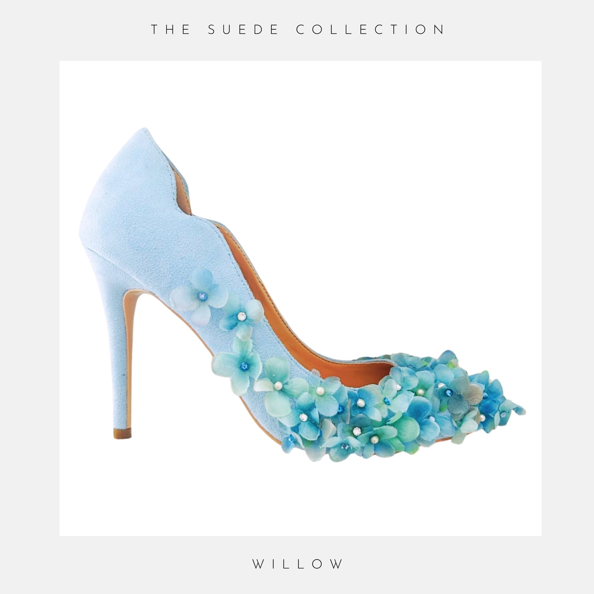 Blue suede court wedding shoe finished with hydrangea flowers, pearls and crystals.