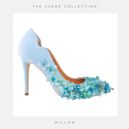 Blue suede court wedding shoe finished with hydrangea flowers, pearls and crystals.