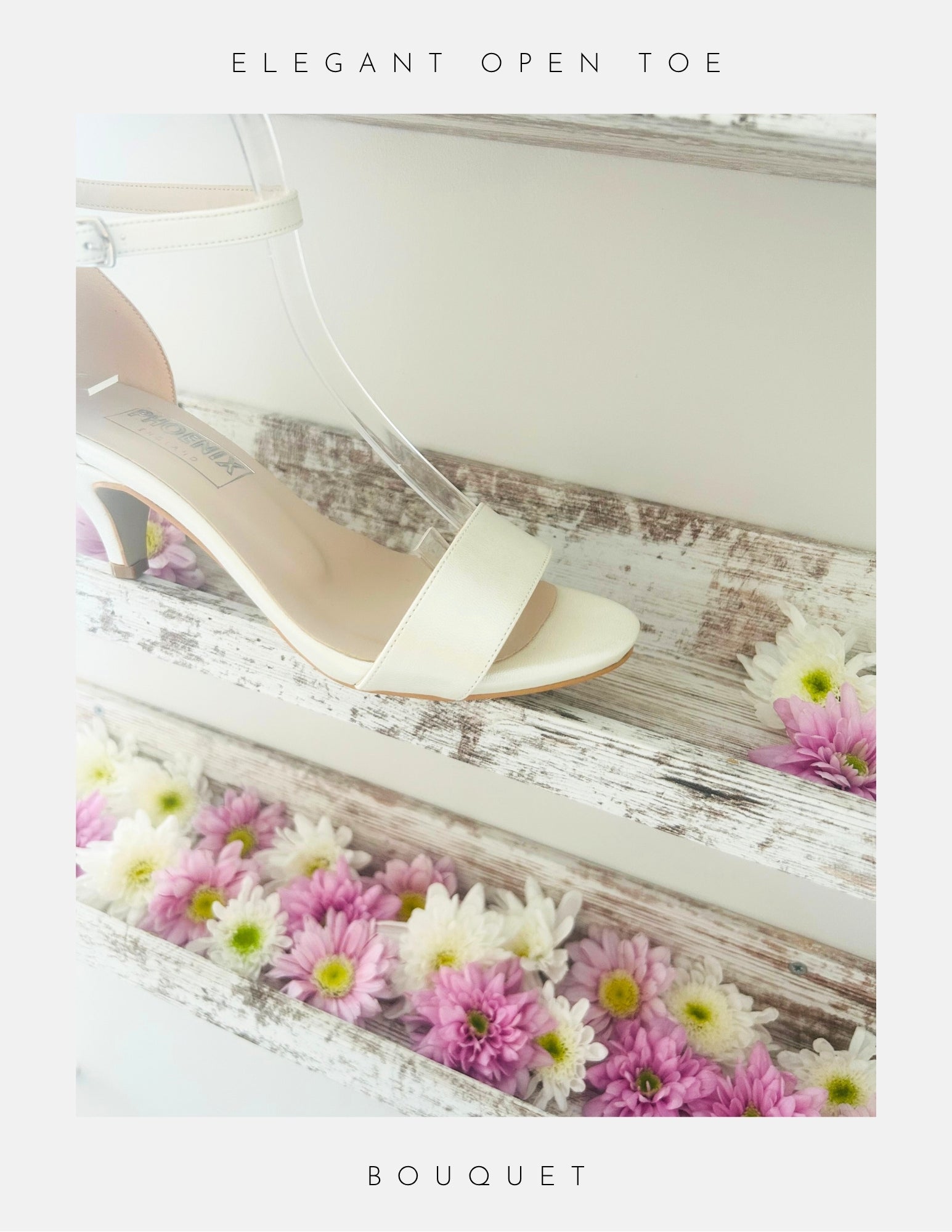 Ivory sandal with open toe on a wooden surface with flowers