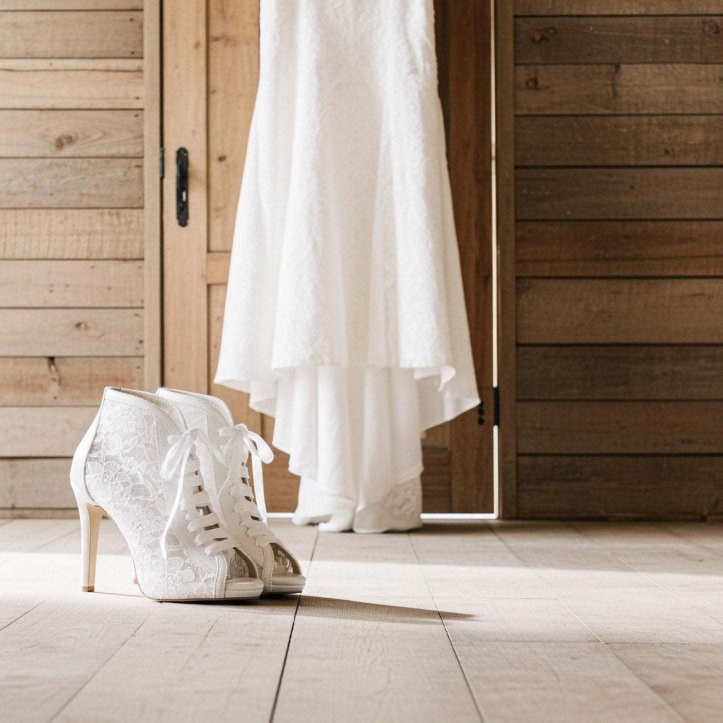 Ivory wedding boots on a light floor and wooden door in the background with a bridal gown hanging down.