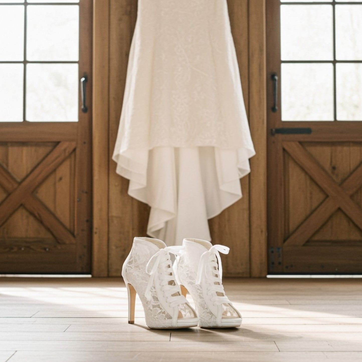 Pair of ivory bridal boots with a wedding gown behind.