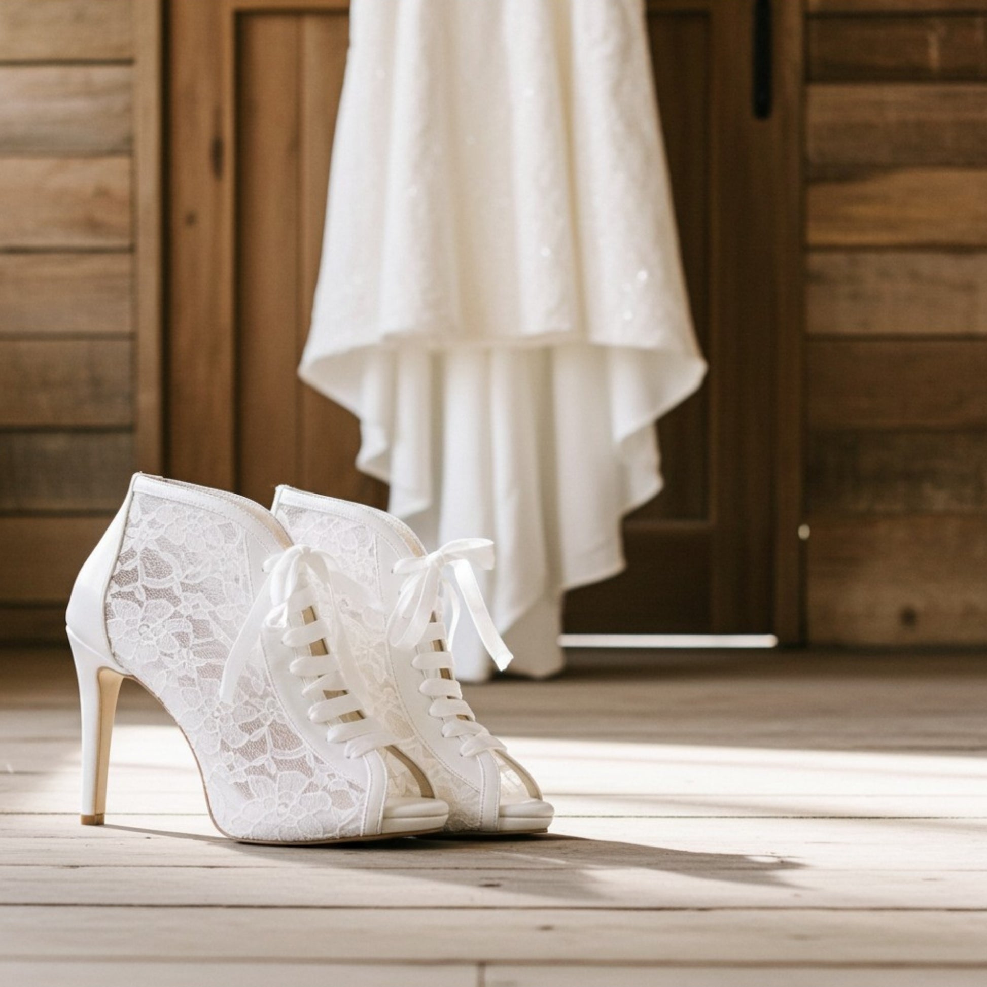 Close up of lace wedding boots with satin ribbon ties.