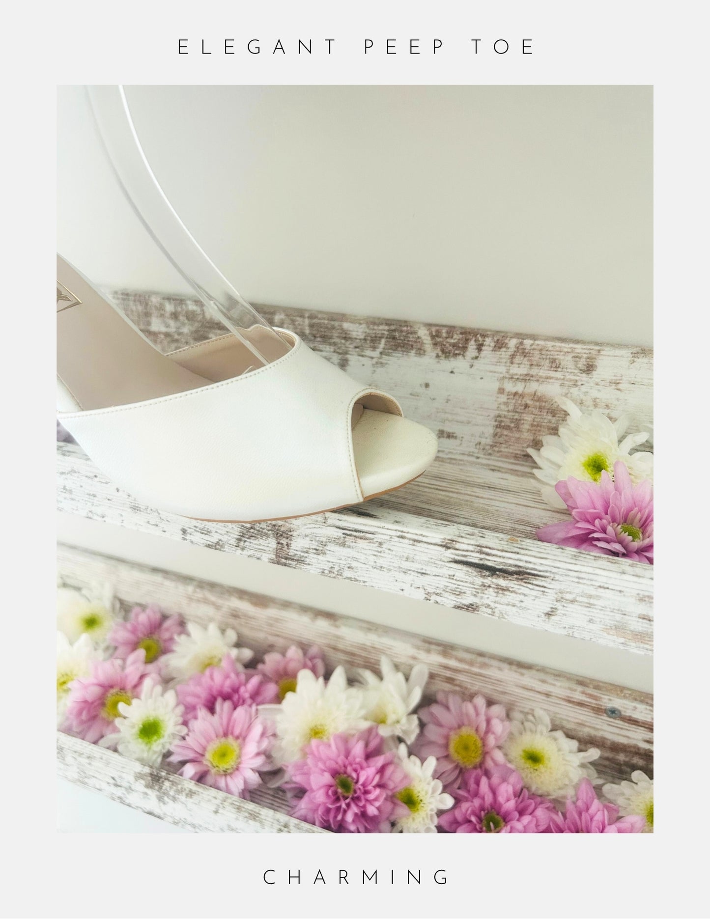 Ivory peep toe bridal sandal on a wooden surface with flowers, labeled 'Elegant Peep Toe' and 'Charming'.