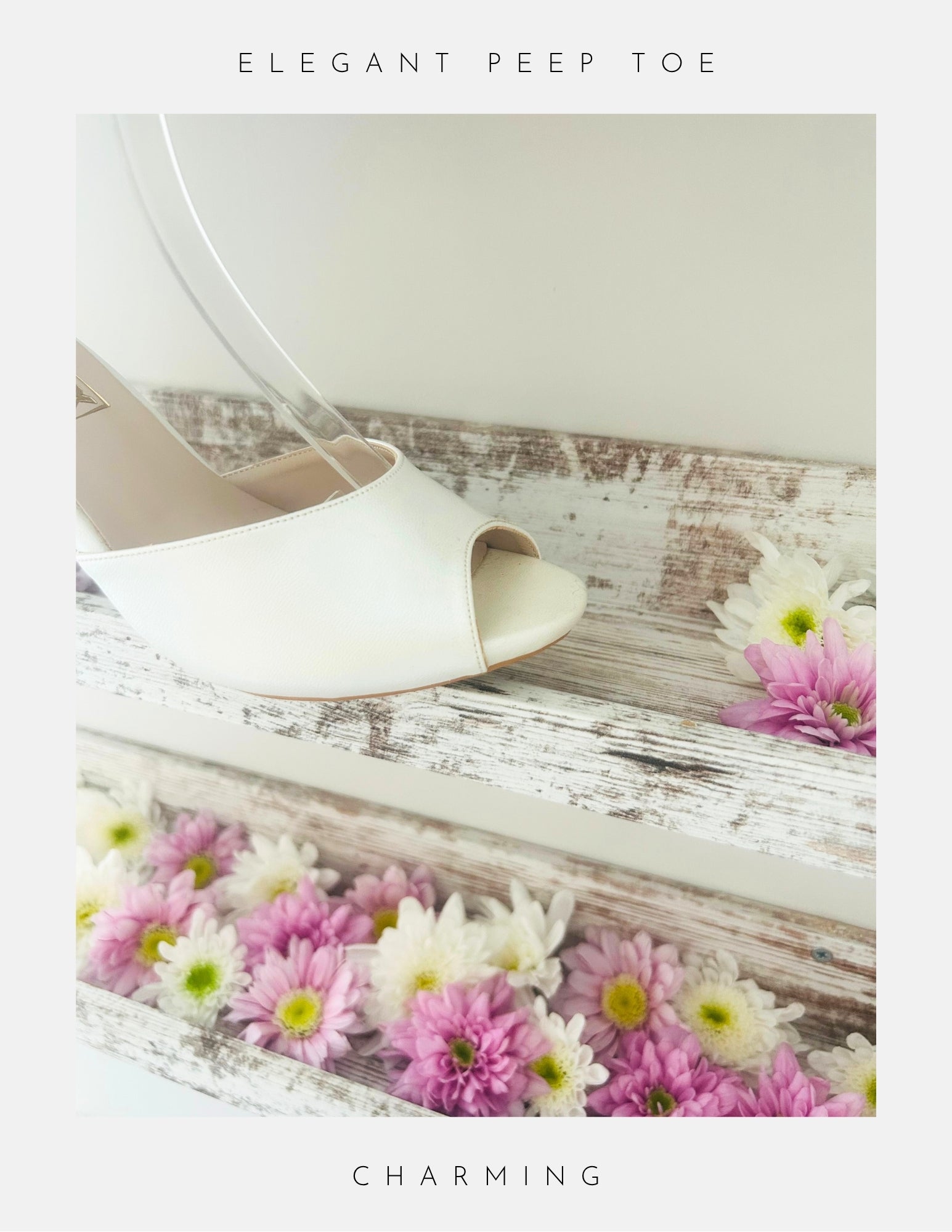Ivory peep toe bridal sandal on a wooden surface with flowers, labeled 'Elegant Peep Toe' and 'Charming'.