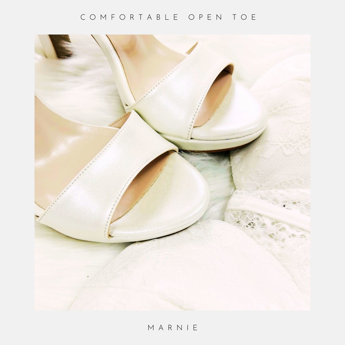 A pair of ivory platform heels by Phoenix England and a white lace bralette rest on a soft surface. Text above reads comfortable open toe; below, Marnie Wedding Shoes, perfect for your bridal look.