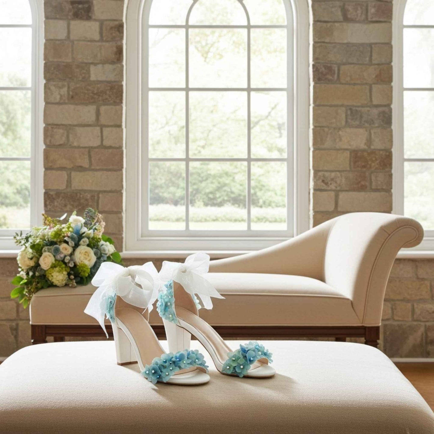 Open toe block heel bridal shoes on a beige footstool with chaise behind and cream rose bridal bouquet.
