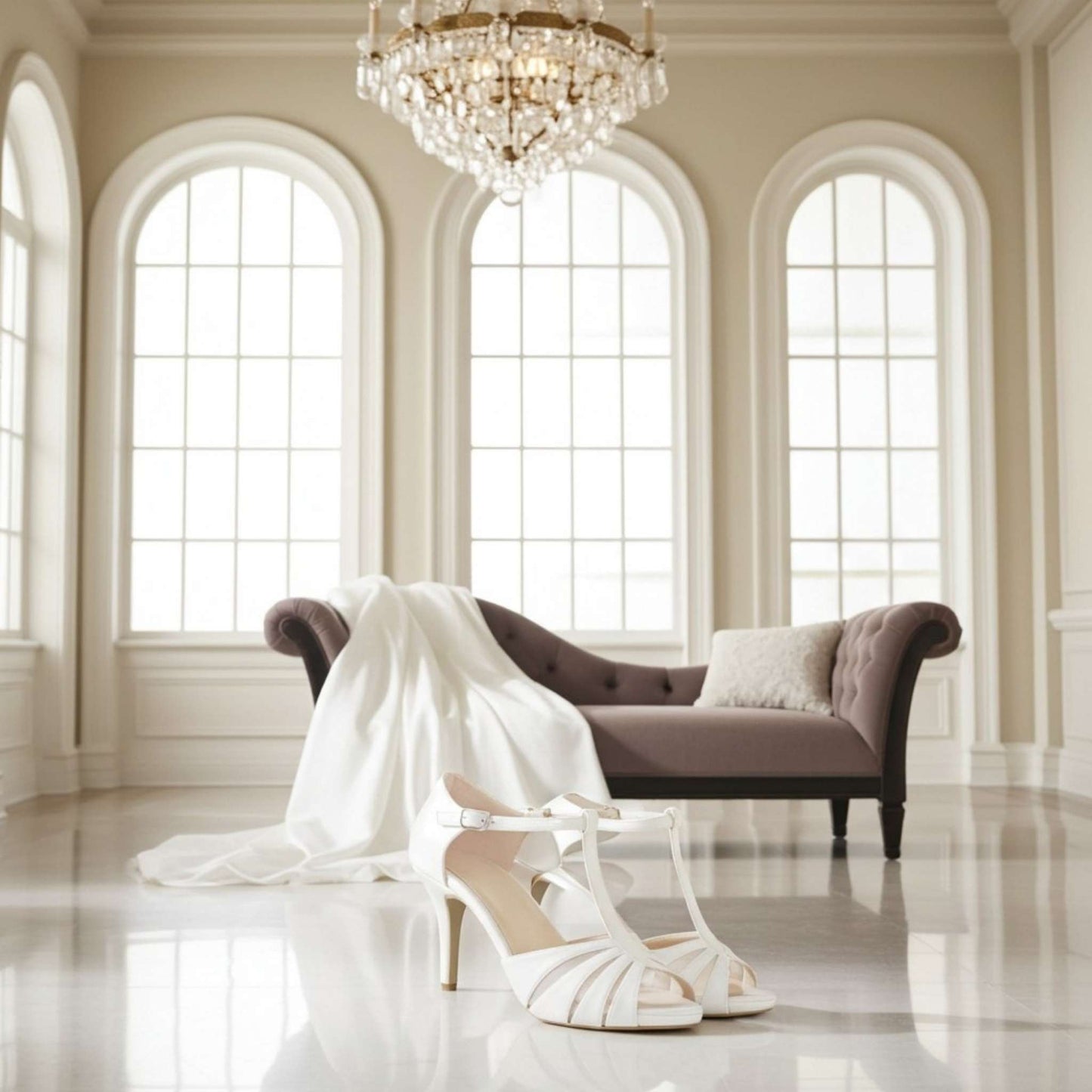 Open toe bridal shoes with gown on chaise behind,