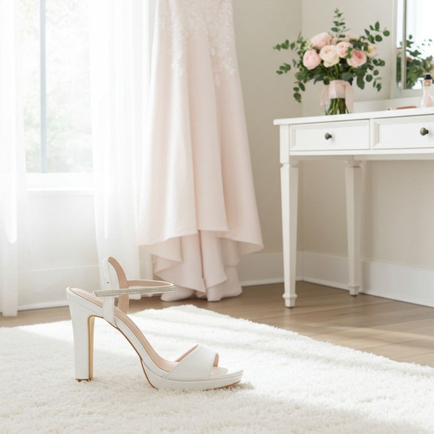 Ivory high-heeled wedding shoe on a white rug with a gown in the background.