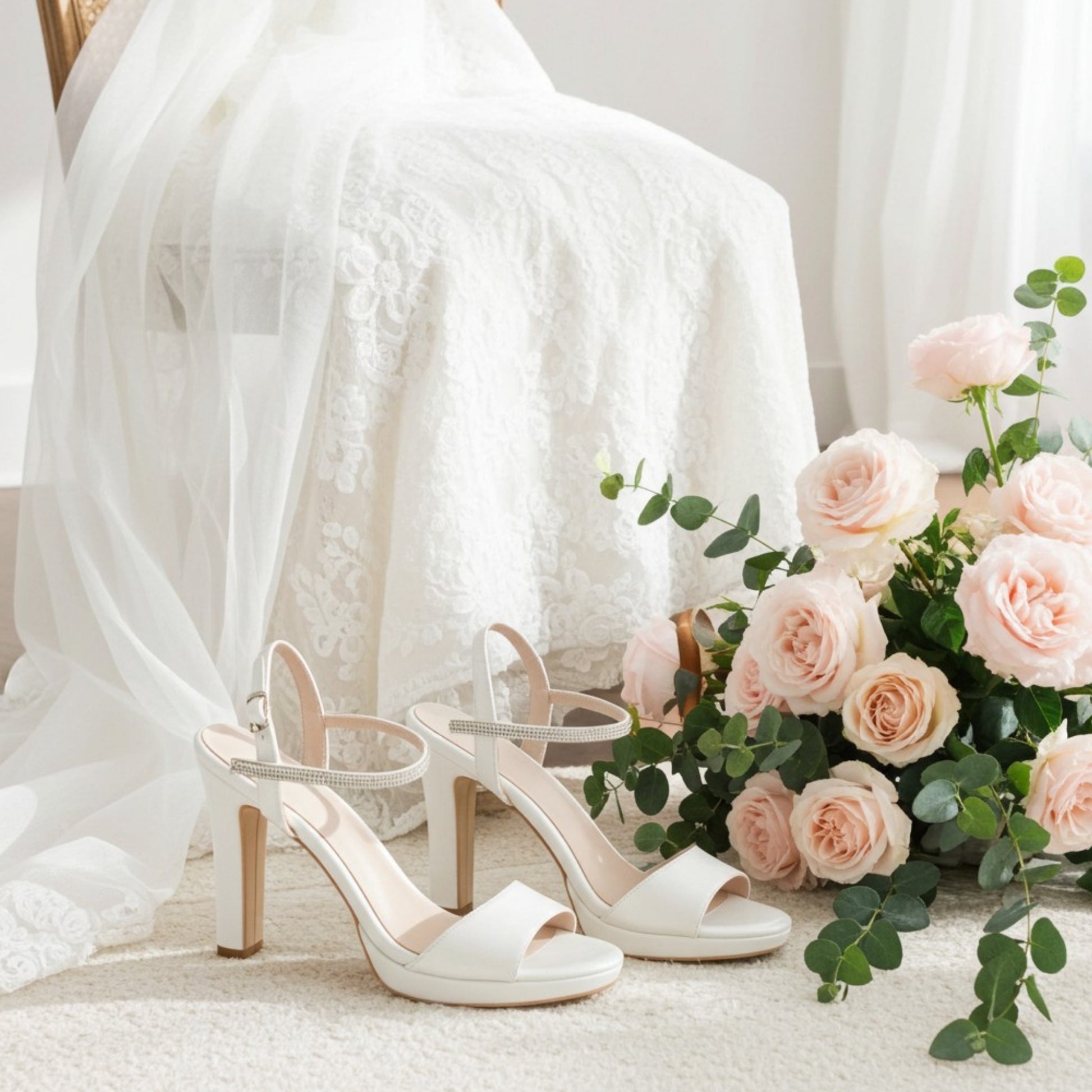 Ivory high-heeled bridal shoes with a bouquet of pink roses on a white background