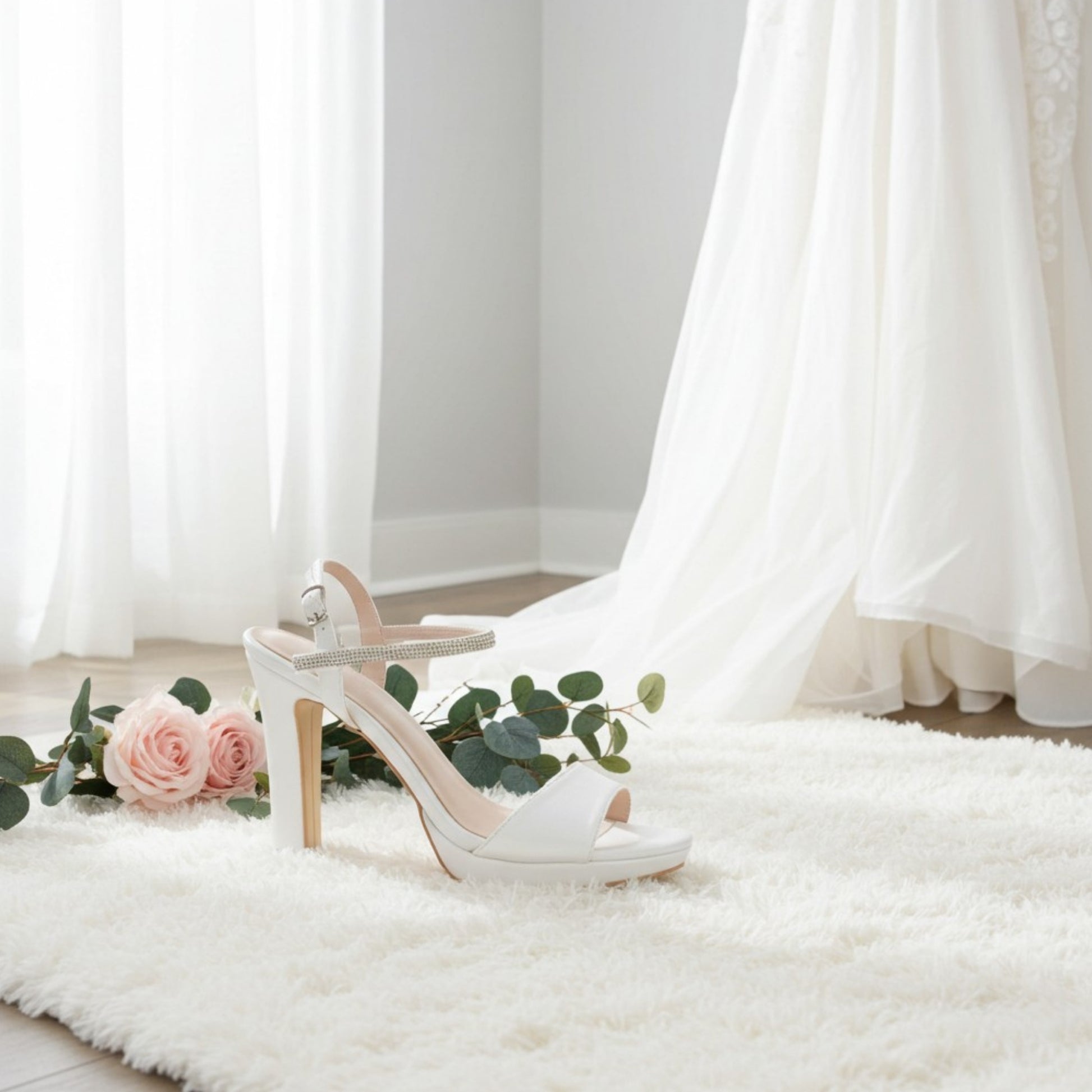 Ivory high-heeled bridal shoe on a white rug with pink roses and green leaves.