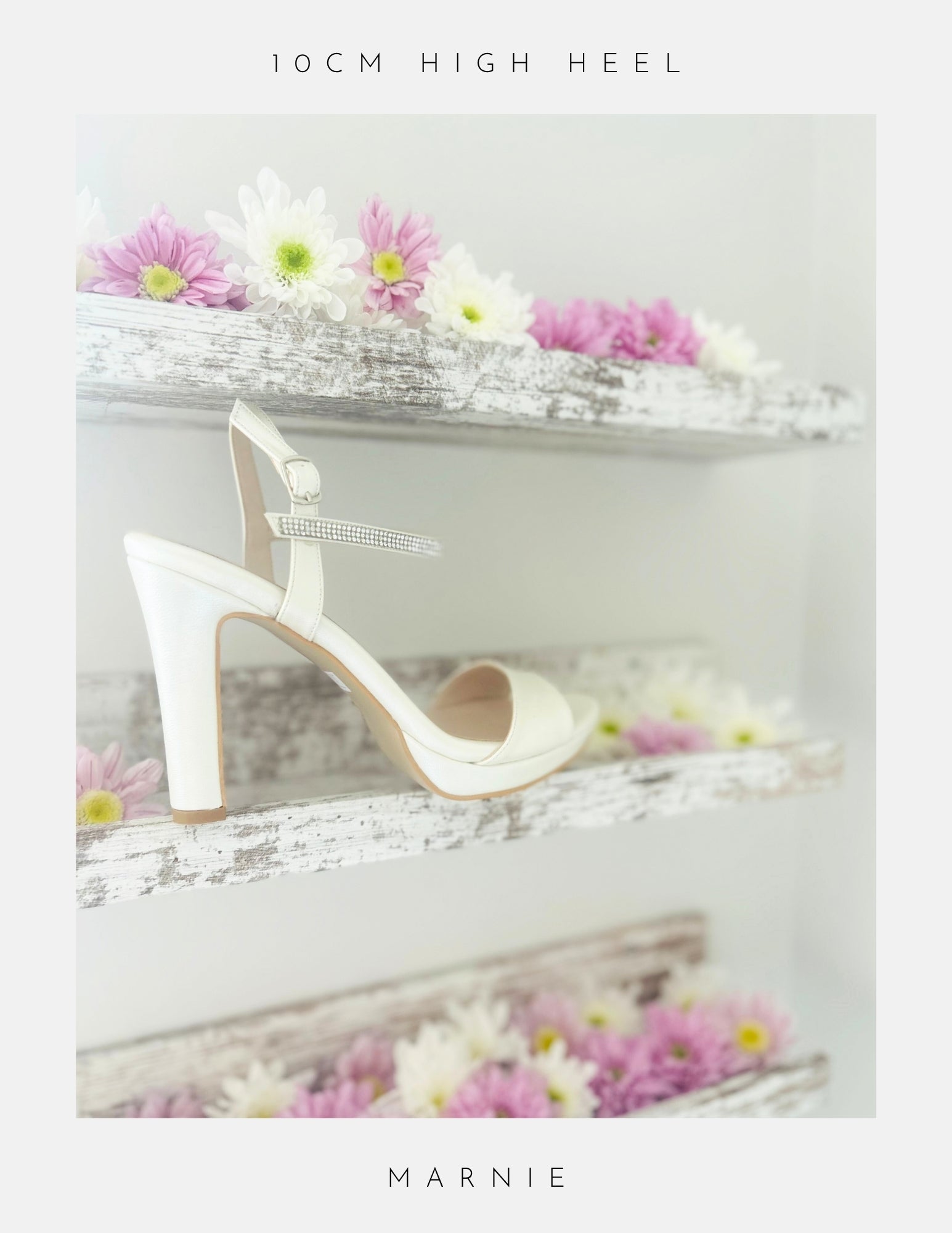 Ivory high-heeled platform wedding shoe with 'Marnie' branding on a decorative background with flowers.