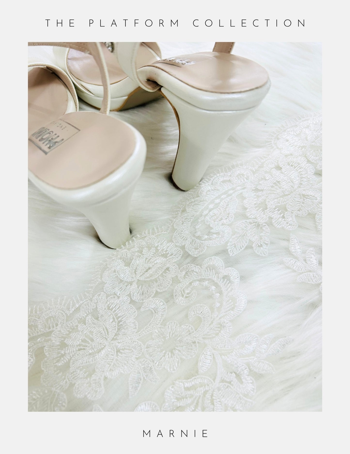Ivory platform heels rest on a soft surface beside delicate lace. Text above reads The Platform Collection; below: Marnie Wedding Shoes by Phoenix England, perfect for elevating your bridal look.