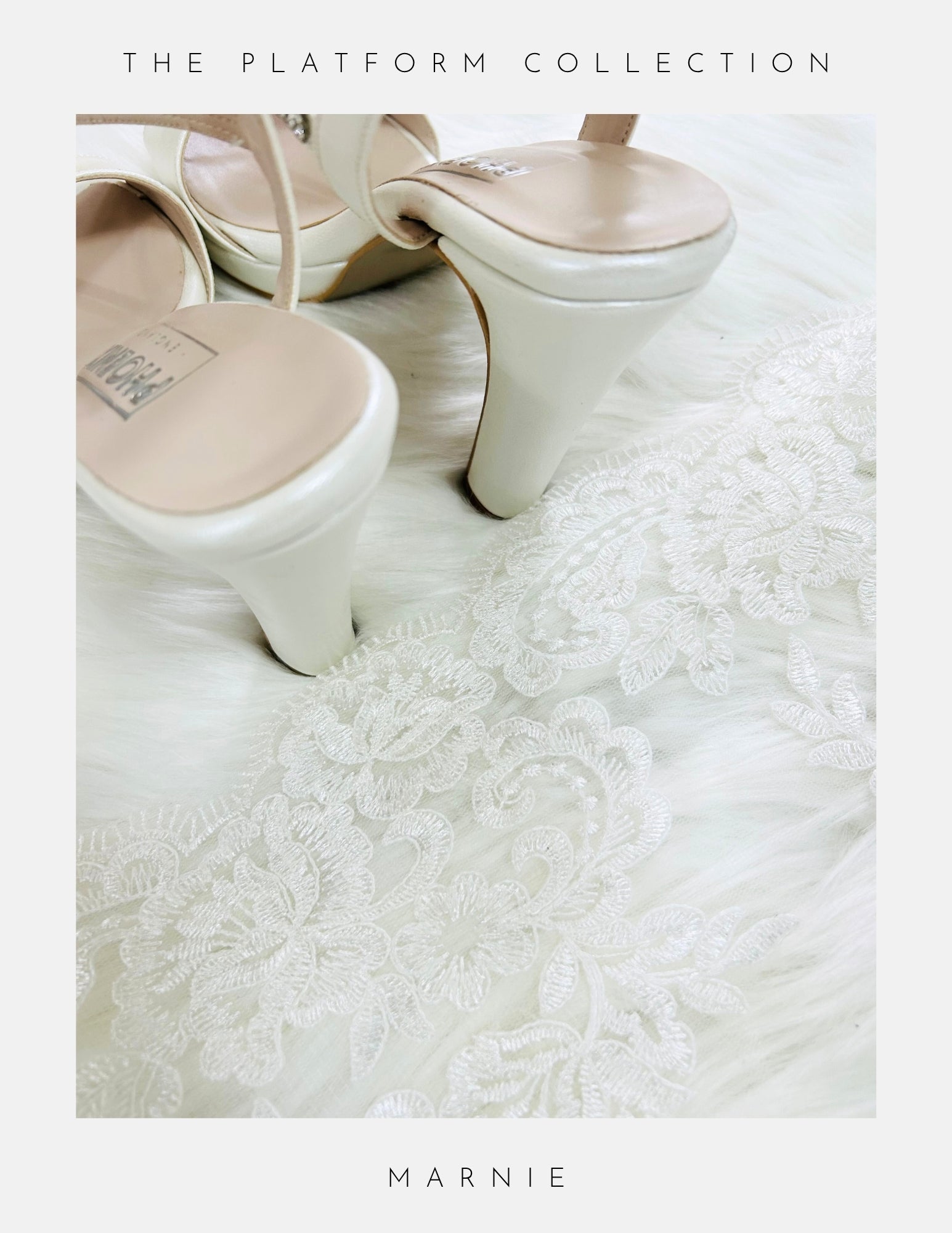 Ivory platform heels rest on a soft surface beside delicate lace. Text above reads The Platform Collection; below: Marnie Wedding Shoes by Phoenix England, perfect for elevating your bridal look.
