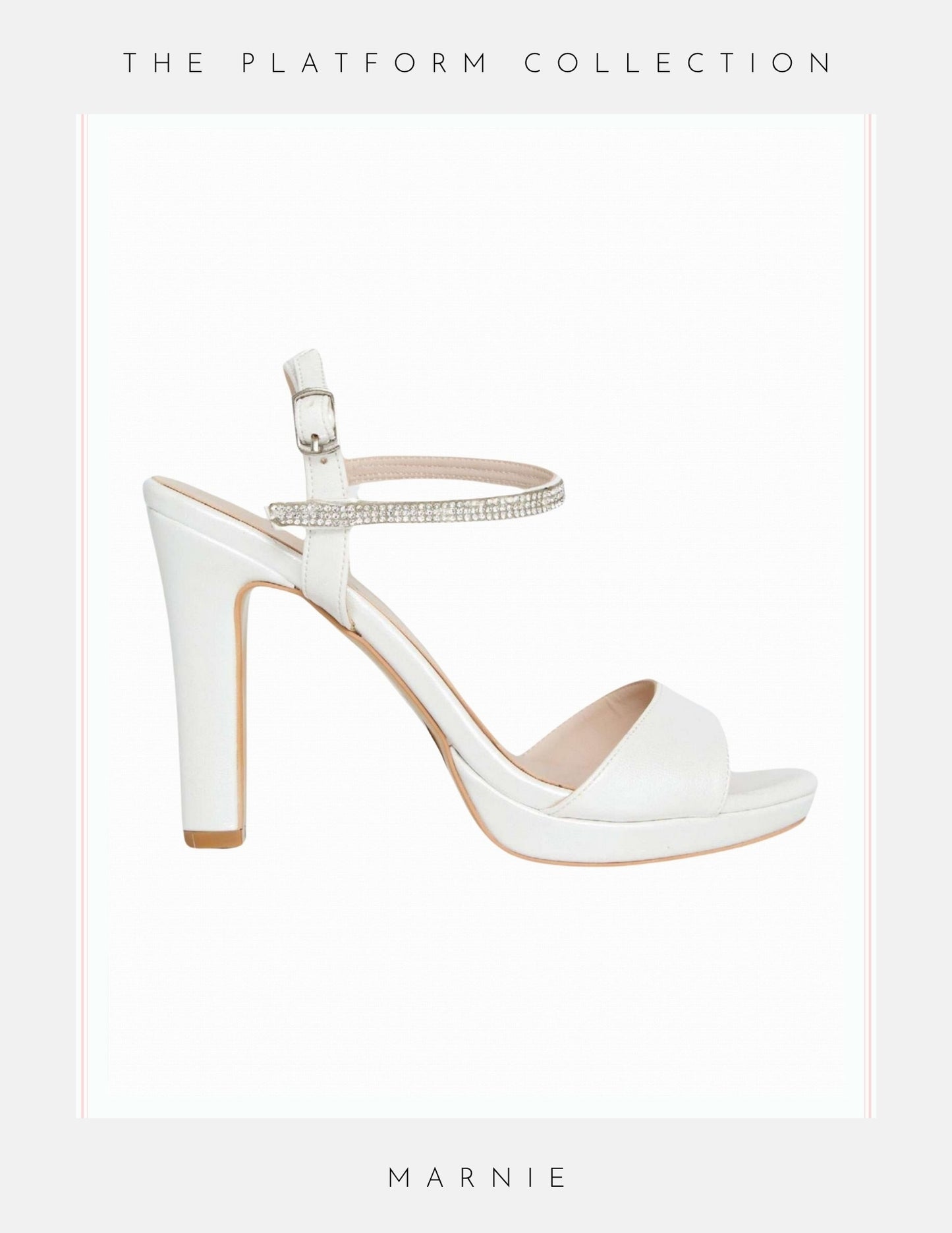 The Marnie Wedding Shoes by Phoenix England are ivory high-heeled sandals with an ankle strap adorned with rhinestones, making them perfect platform heels or elegant bridal shoes.