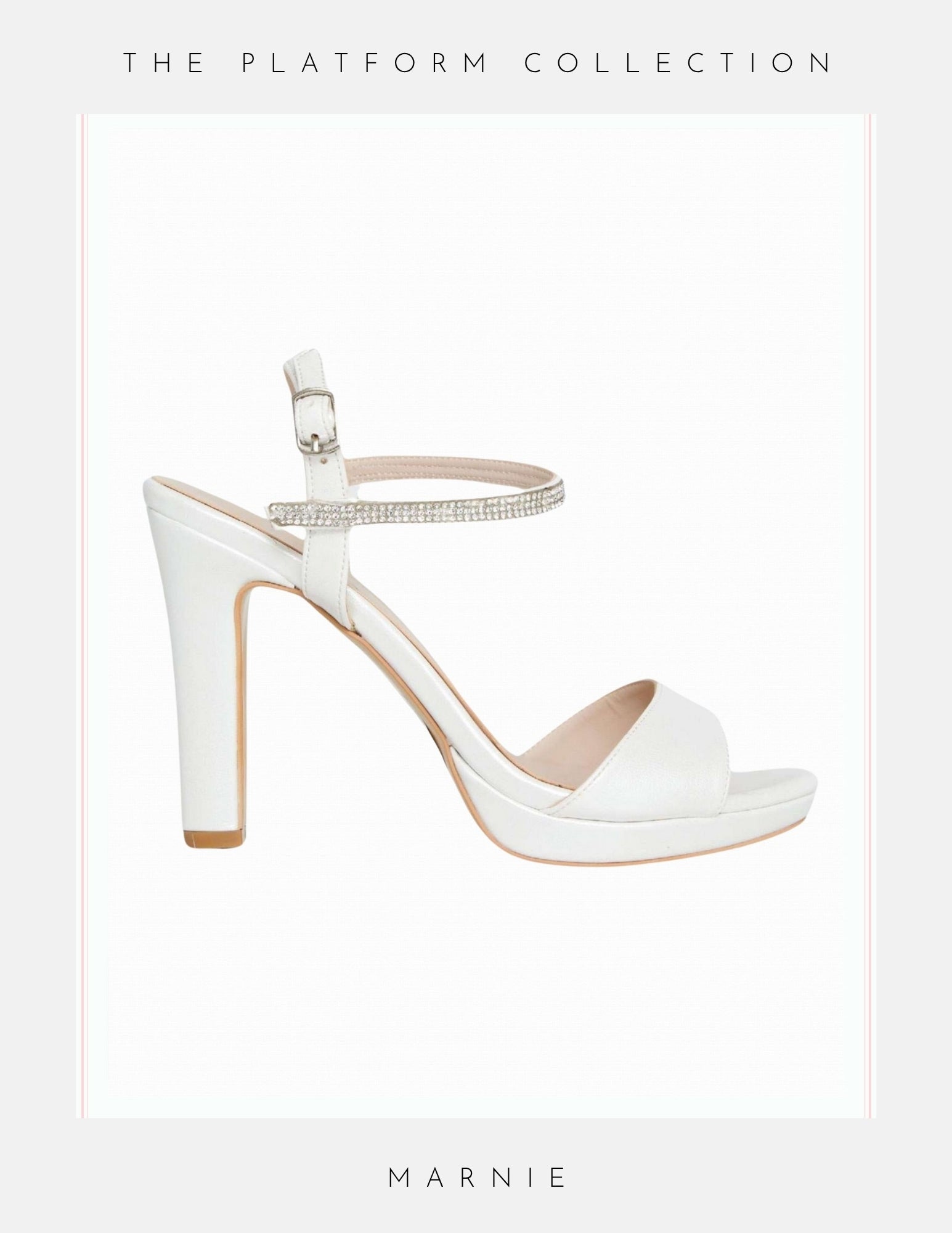 The Marnie Wedding Shoes by Phoenix England are ivory high-heeled sandals with an ankle strap adorned with rhinestones, making them perfect platform heels or elegant bridal shoes.