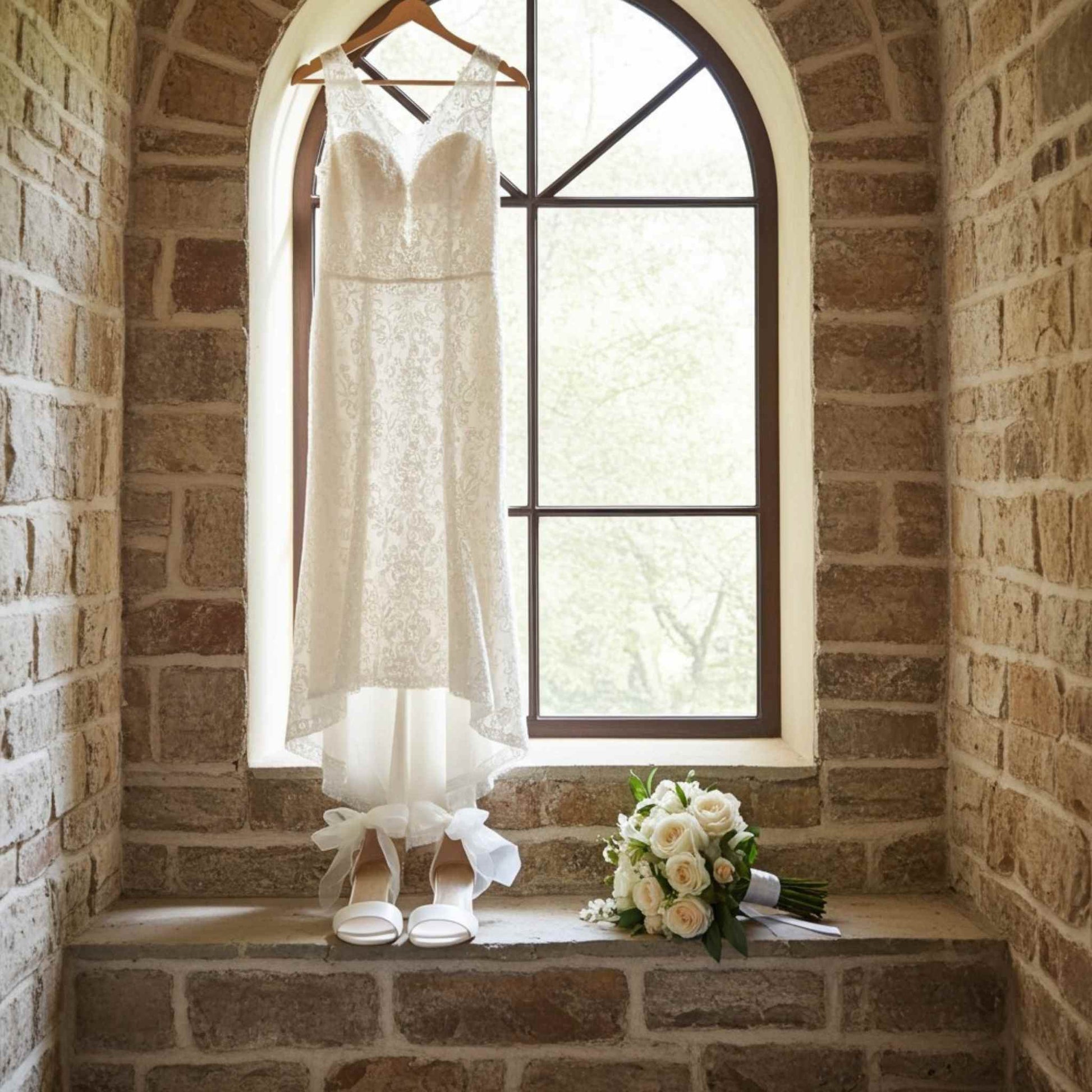 Wedding dress, open toe bridal shoes, and bouquet on a stone window ledge.