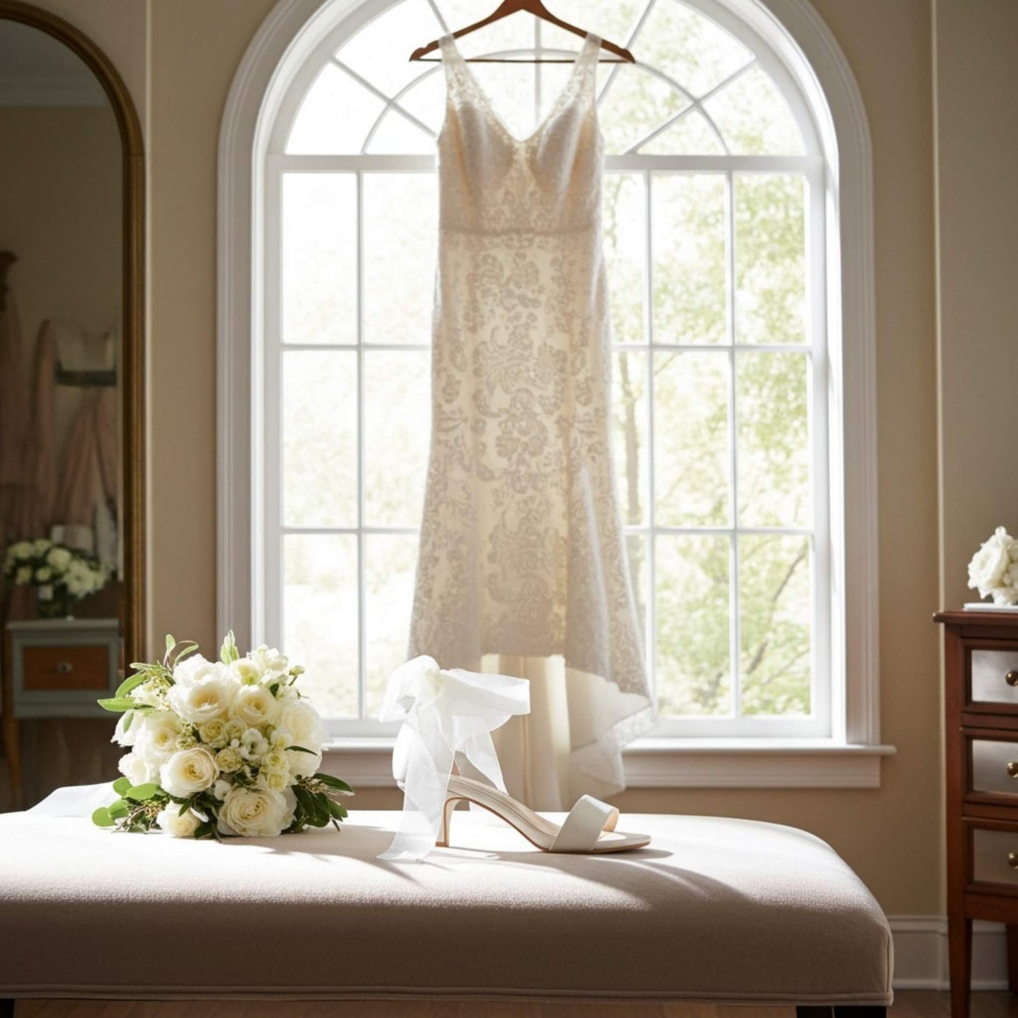Ivory lace wedding dress hanging in a room with a window, Ivory open toe bridal shoes, and flowers on a large stool.