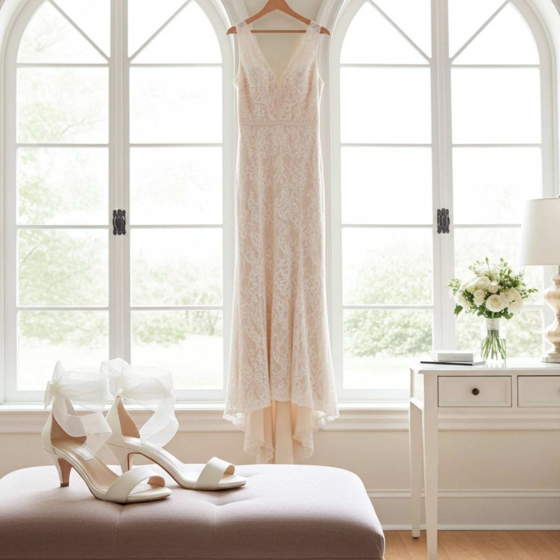 Bridal gown hanging in a room with large windows, Ivory shoes on a fabric stool, and a vase of flowers on a table.
