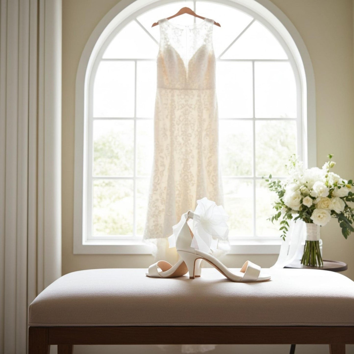 Wedding dress hanging in a window with ivory bridal shoes and flowers on a fabric stool.
