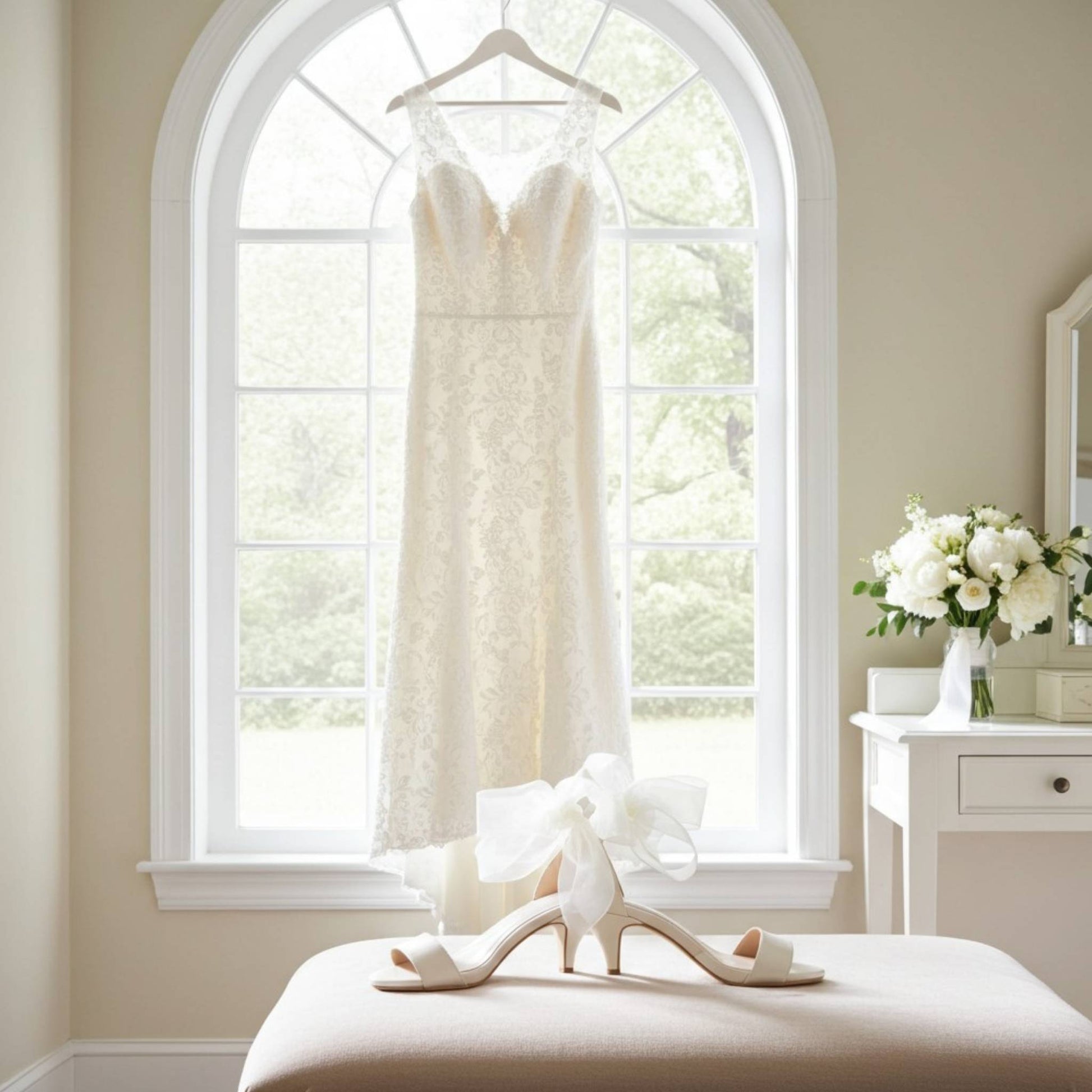Ivory wedding dress hanging in a bright room with a window, accompanied by ivory open toe kitten heel shoes and flowers.