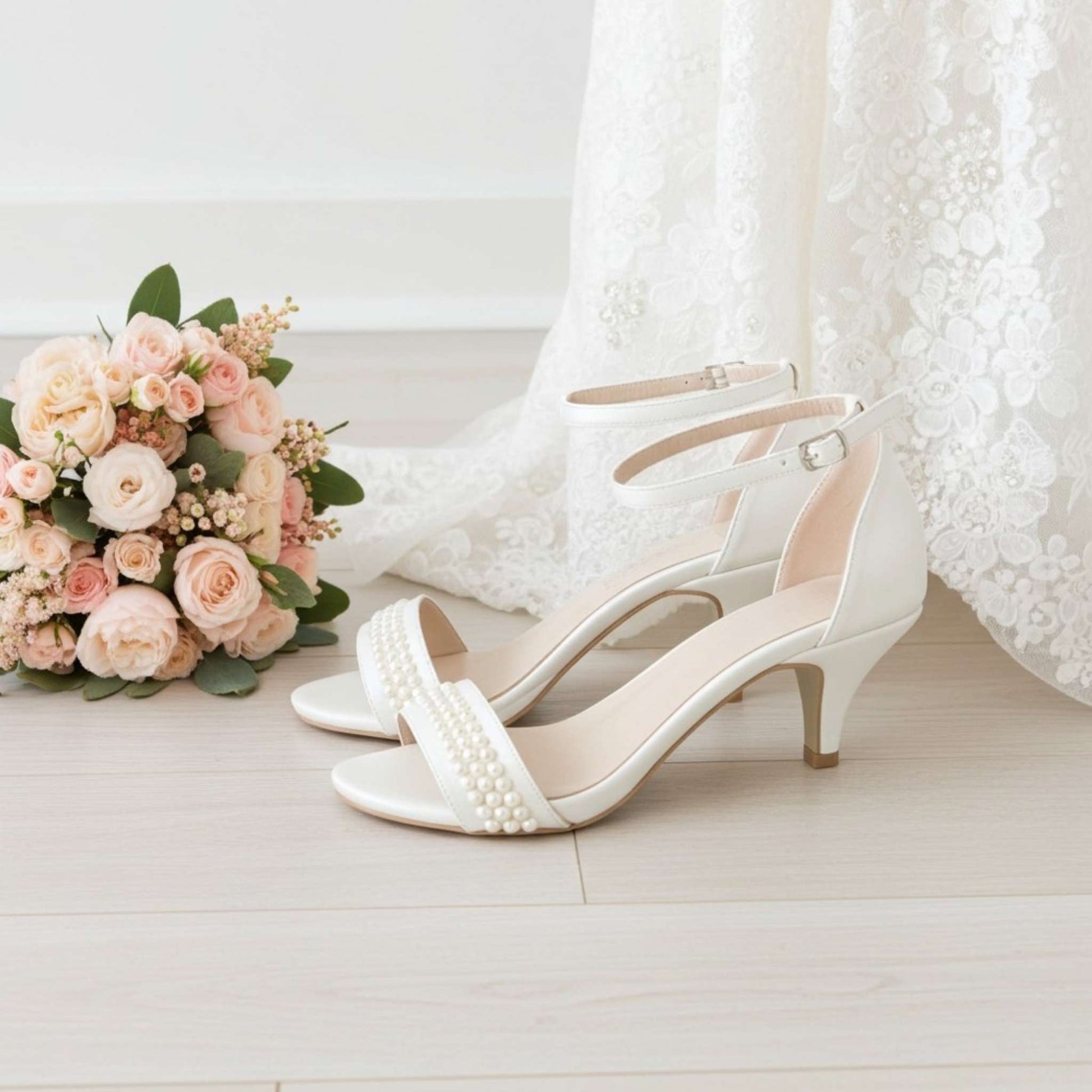 Ivory wedding shoes with pearl details next to a bouquet of flowers on a light wooden floor.