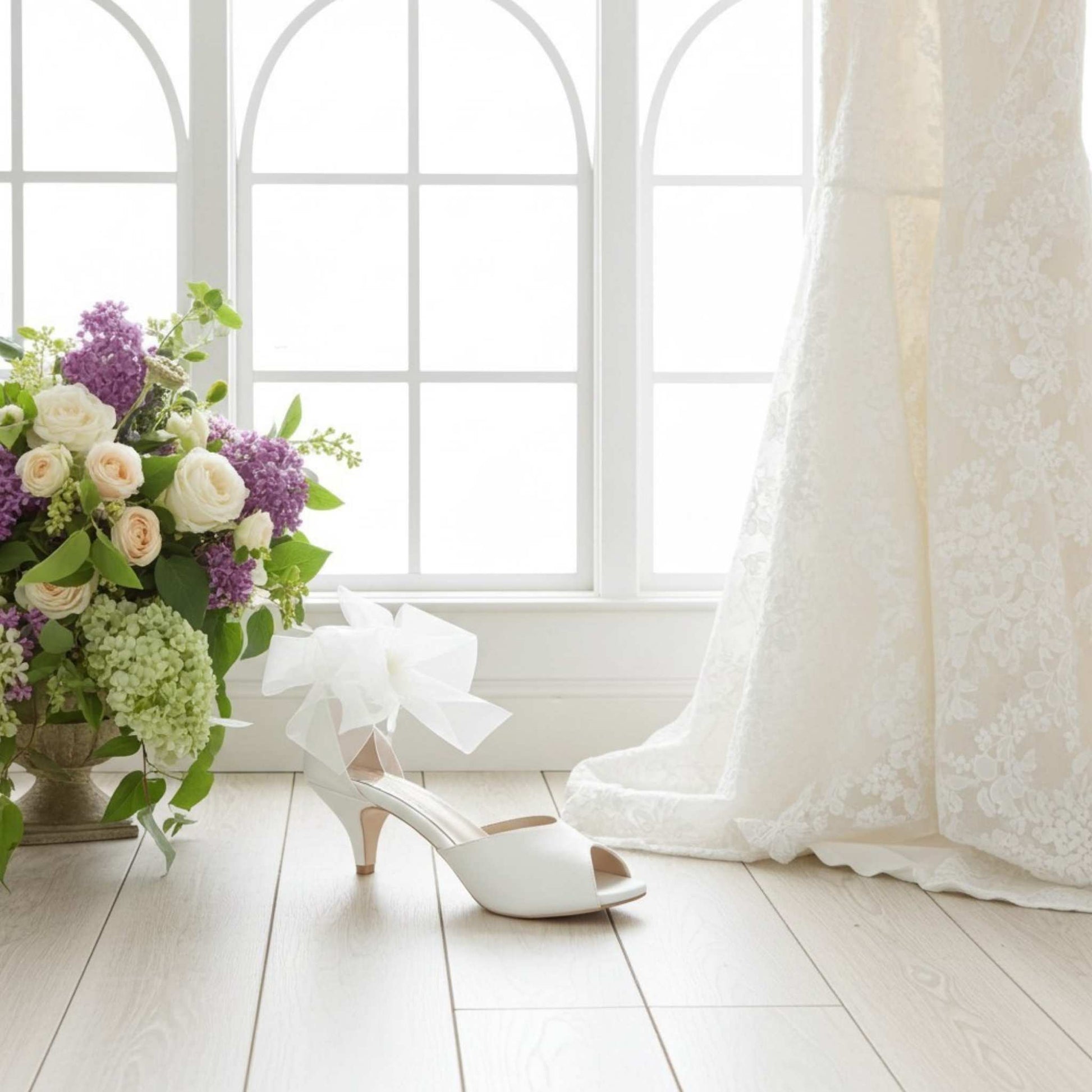 Ivory kitten heel wedding shoe with an organza bow next to a bouquet of flowers on a light wooden floor.