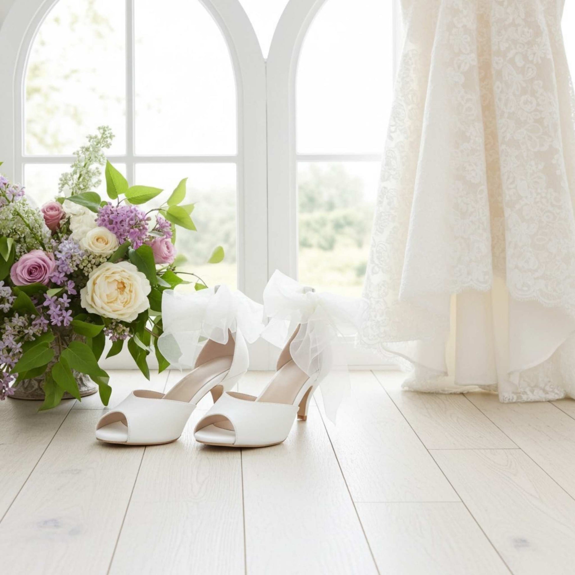 Ivory kitten heel wedding shoes with large bows next to a bouquet of flowers on a light wooden floor.