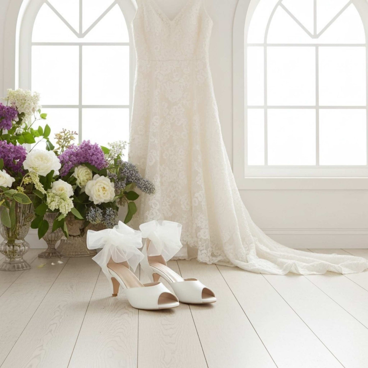 Ivory wedding shoes with a bow, placed on a light wooden floor with a floral arrangement and white lace gown in the background.