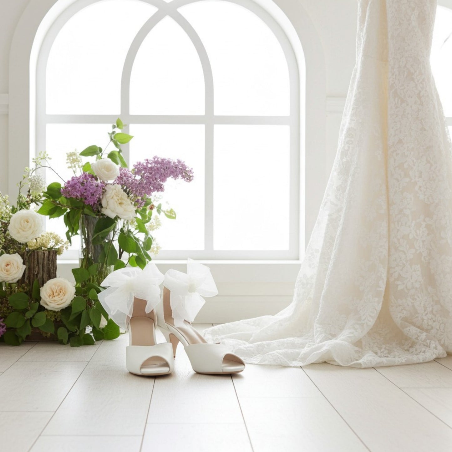 Ivory kitten-heeled shoes with ribbons on a white floor next to a window with floral decorations.
