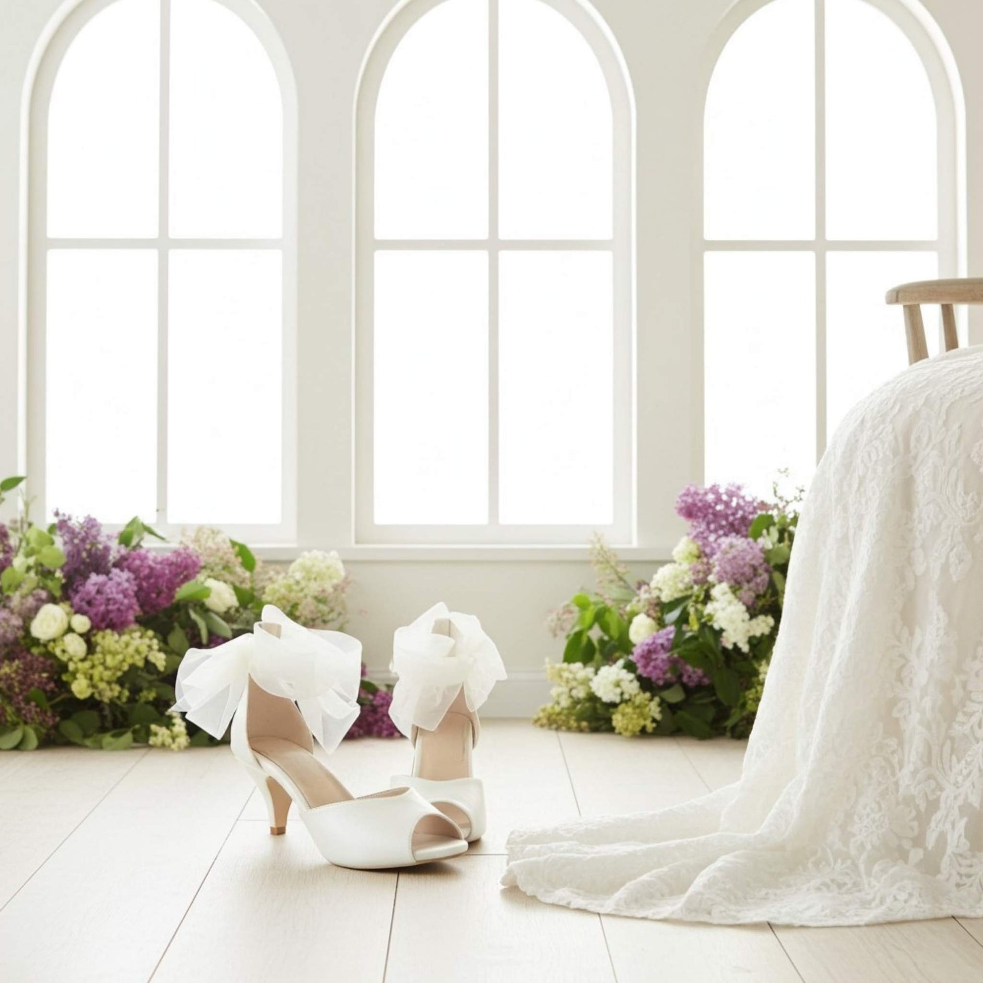 Ivory kitten heeled shoes with large bows on a light wooden floor with flowers and a lace bridal gown.