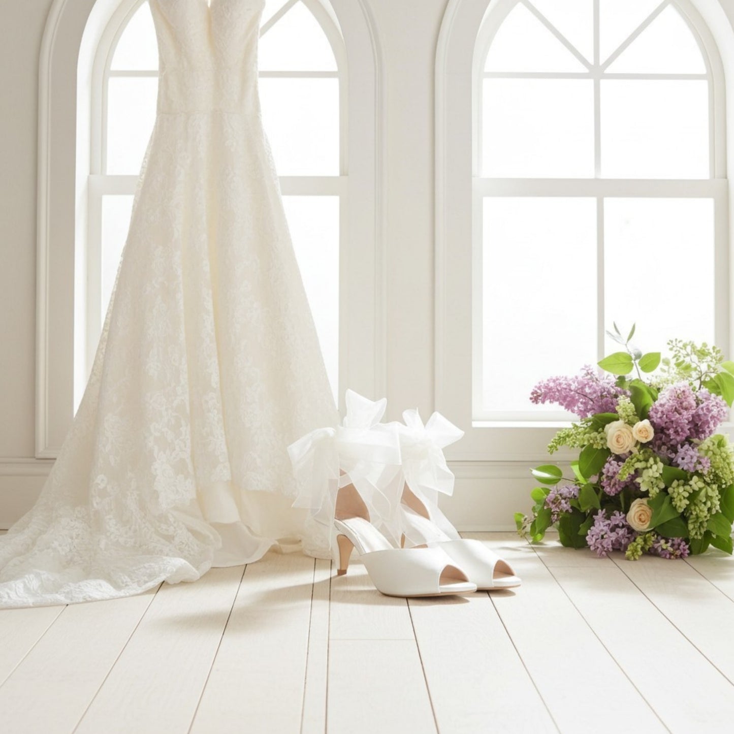 Ivory wedding dress with peep toe bridal shoes with organza ties and flowers on a light wooden floor.