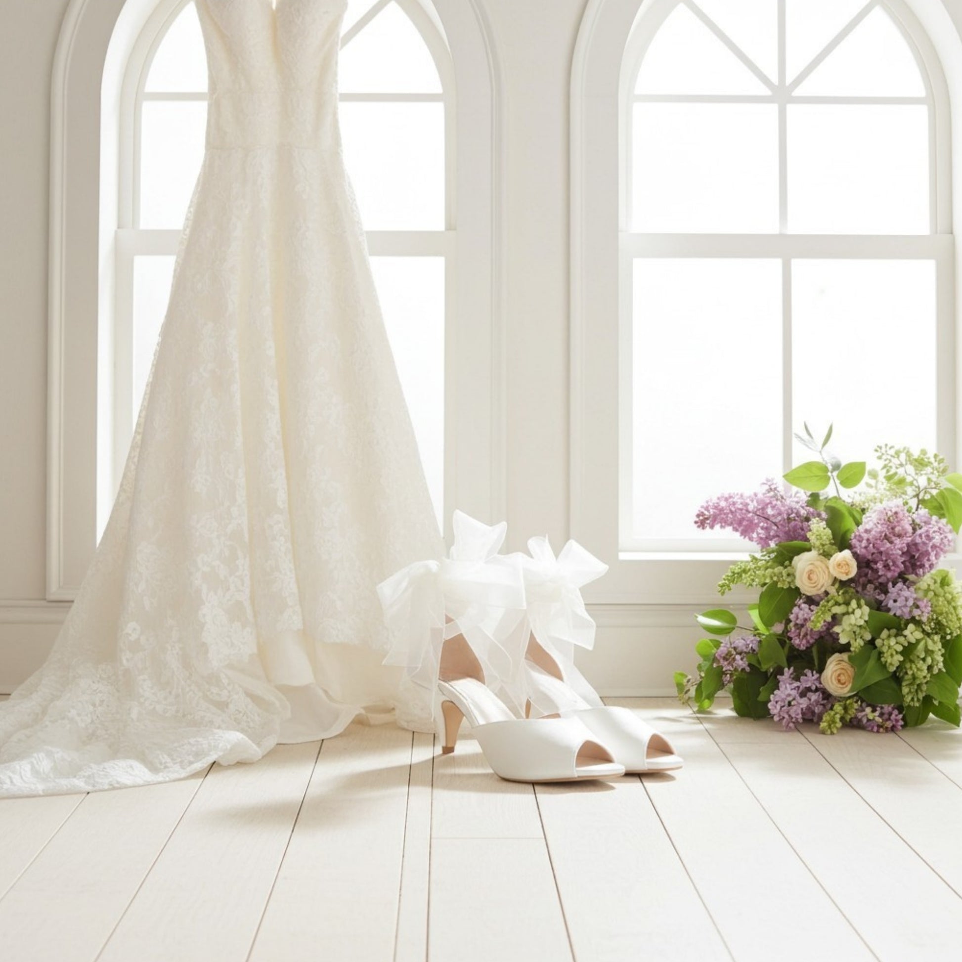 Ivory wedding dress with peep toe bridal shoes with organza ties and flowers on a light wooden floor.