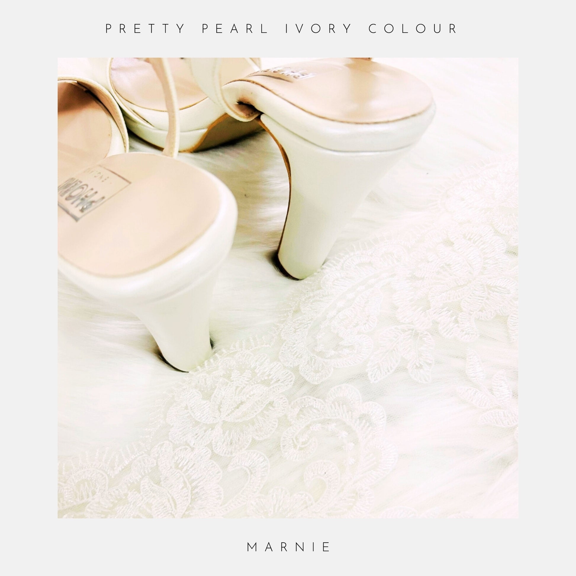 Ivory platform heels rest on a soft surface beside delicate lace. Text above reads Pretty Pearl Ivory Colour; below: Marnie Wedding Shoes by Phoenix England, perfect for elevating your bridal look.
