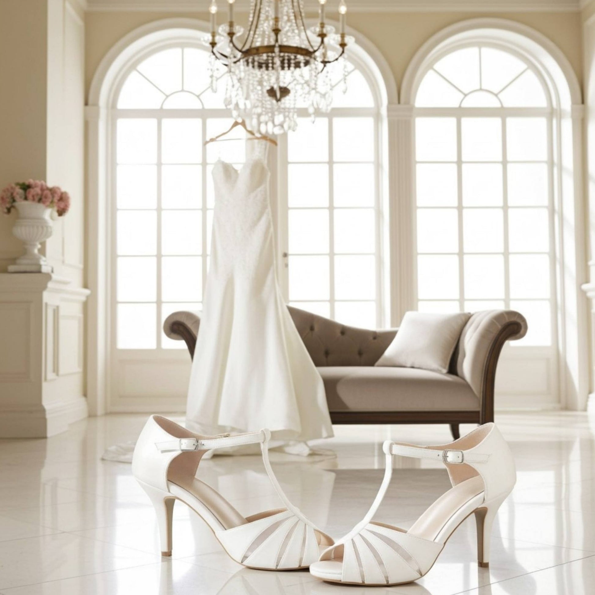 Side view of vintage bridal shoes with t bar strap, bridal gown is hung behind with a chaise longue.