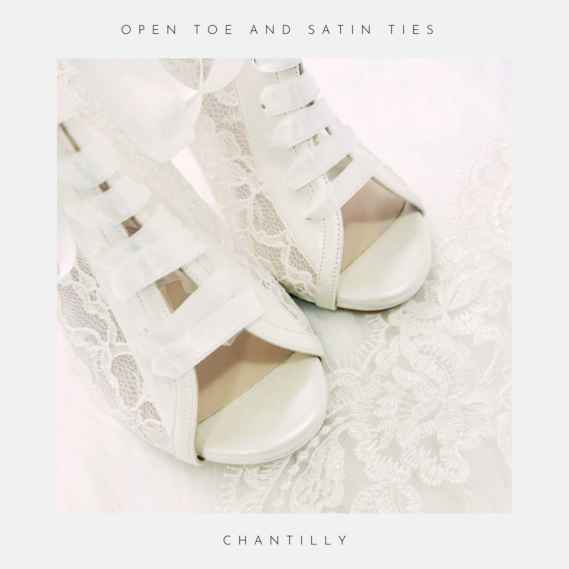 A close up of the front of the Chantilly ivory bridal boot on a lace bridal gown.