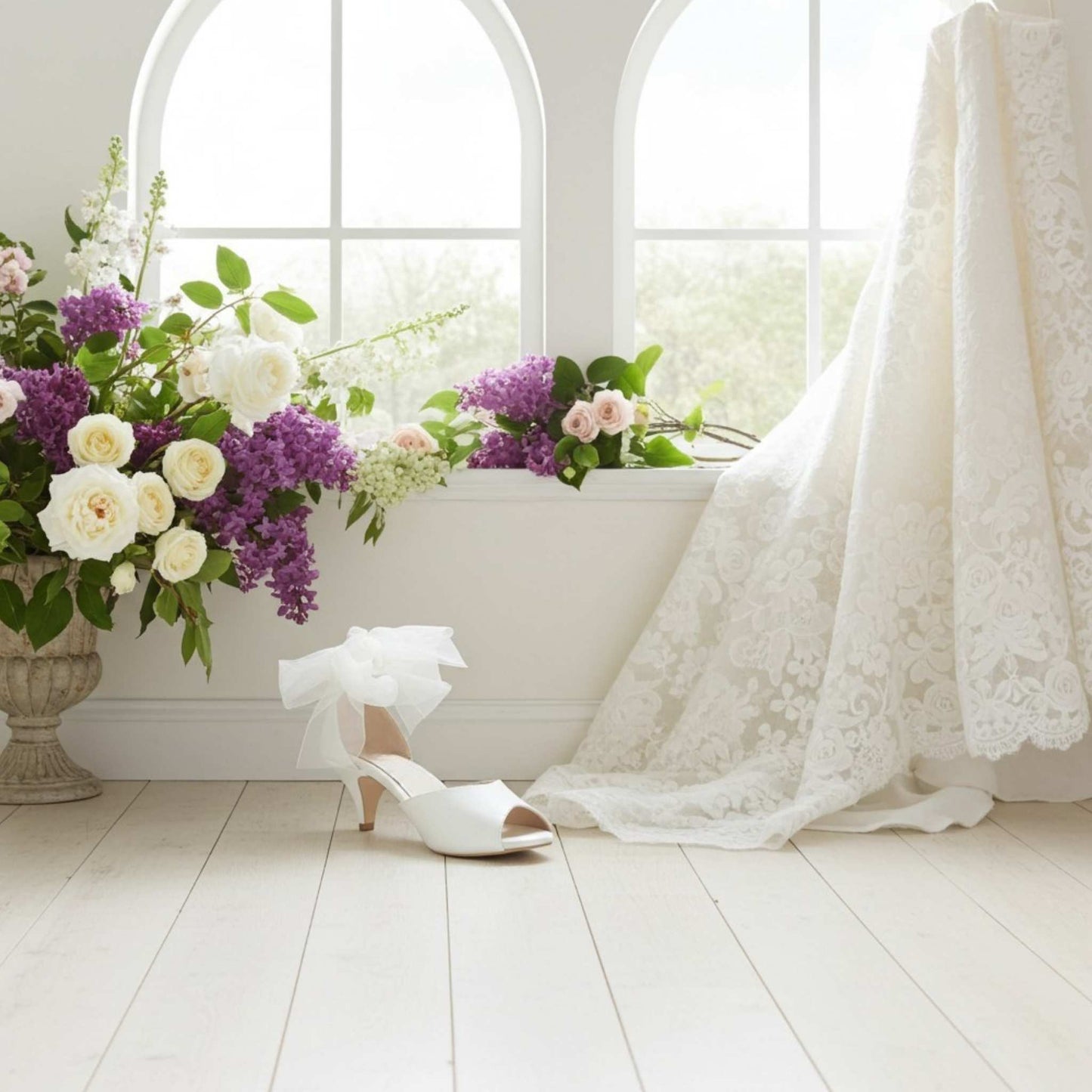 Ivory kitten-heeled shoe with a bow next to a window sill filled with flowers in a bright room.