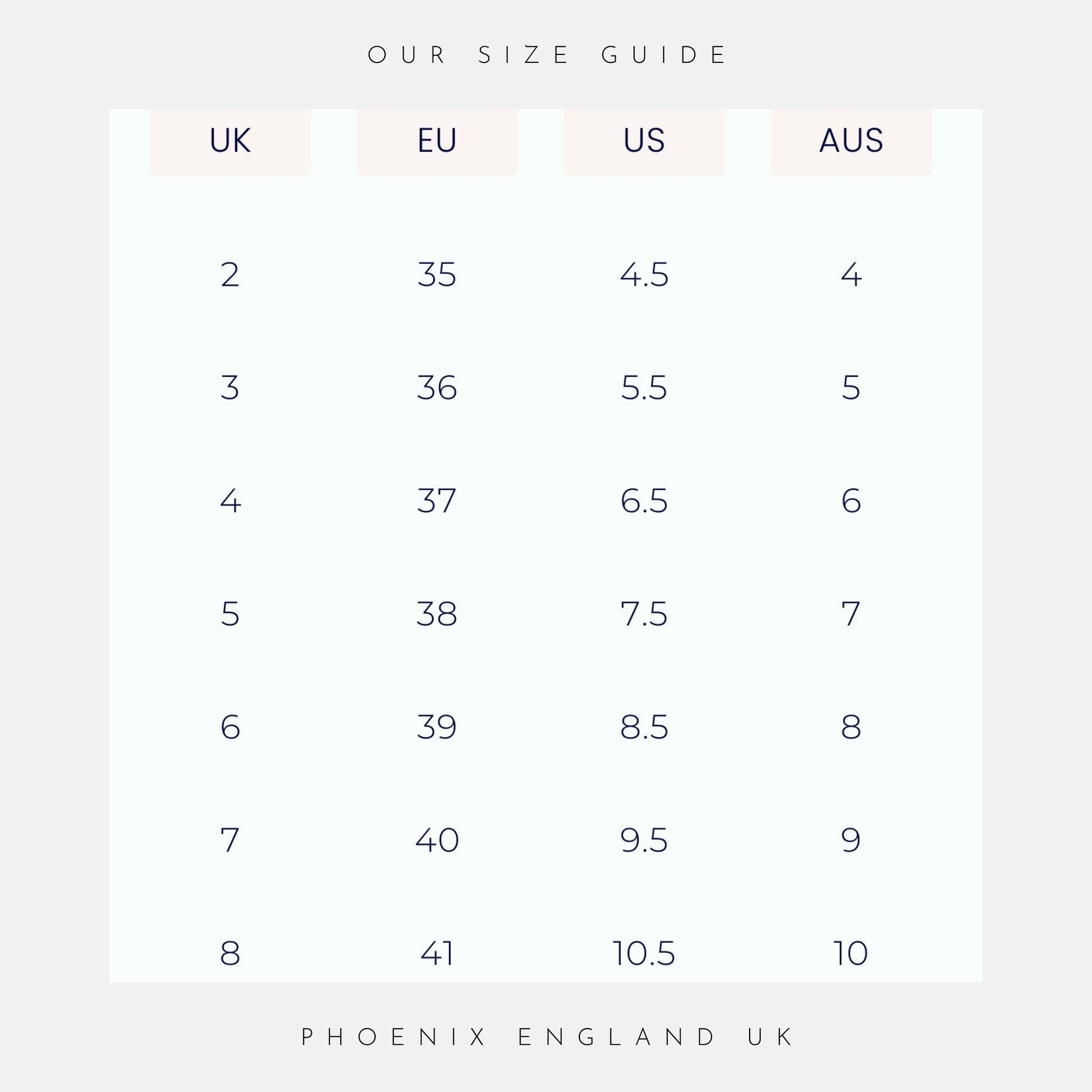 Size guide chart comparing UK, EU, US, and AUS sizes with Phoenix England UK branding.