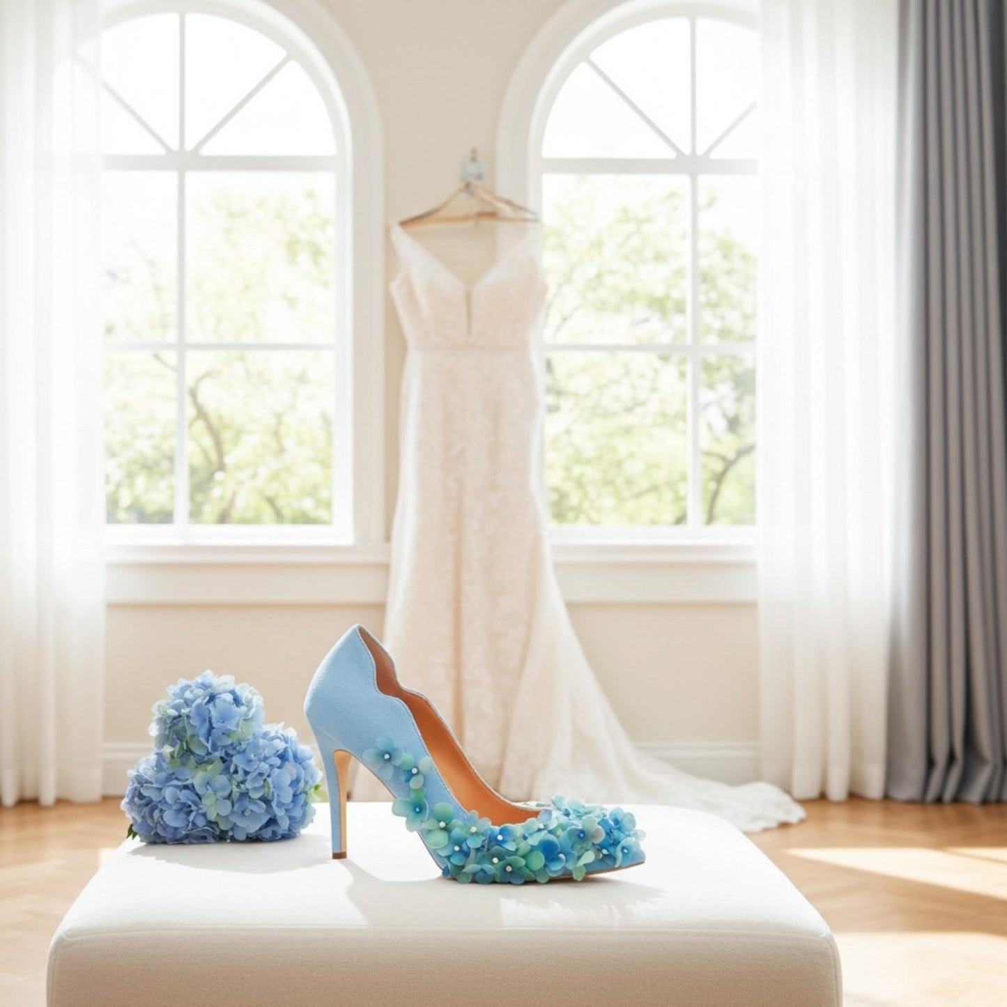 Blue high-heeled shoes with floral design on a fabric surface, with a wedding dress in the background.