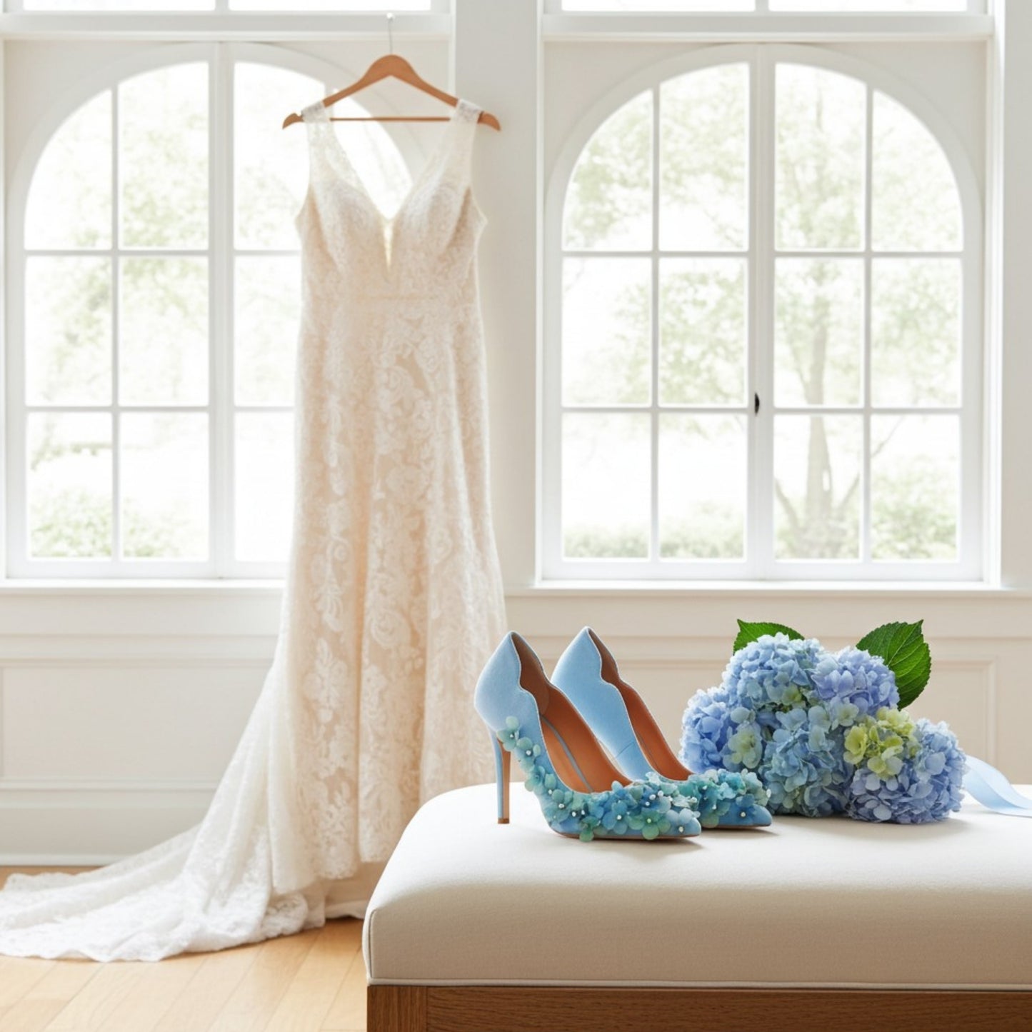 Blue suede bridal shoes with floral decorations next to a hydrangea bouguet and bridal dress hanging.